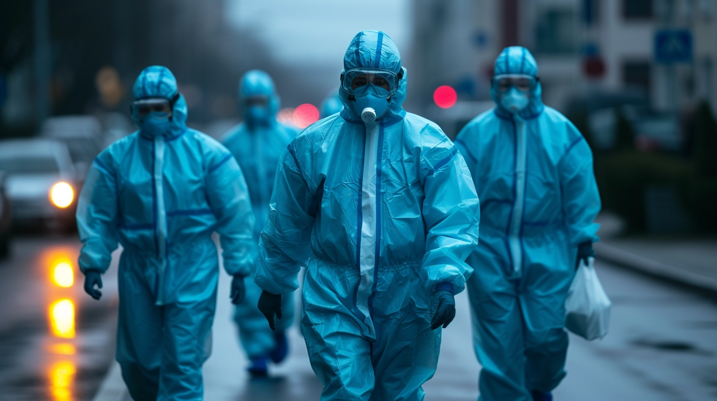 Illustration of healthcare workers in protective gear treating patients during a pandemic outbreak.