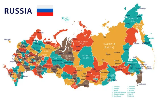 Russia's geography: Map highlighting Russia's diverse geographic regions, from the frozen Arctic to the vast Siberian plains.
