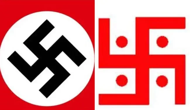 A side-by-side comparison of the ancient swastika symbol, representing spirituality in various cultures, and the hooked cross, associated with Nazi ideology, highlighting their distinct origins and meanings