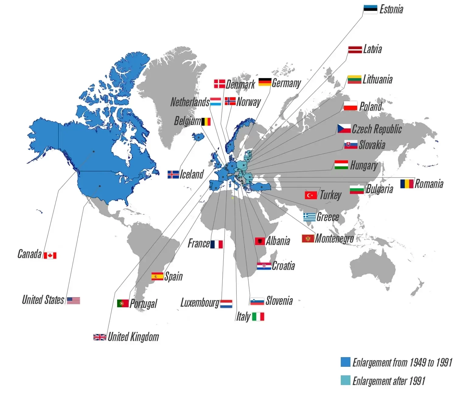 A world map illustrating NATO member countries and partnership networks, emphasizing the global reach of its security initiatives.