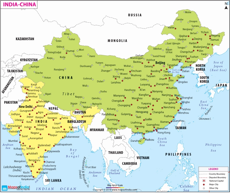 Map highlighting disputed border areas between India and China, showcasing regions like Aksai Chin and Arunachal Pradesh.